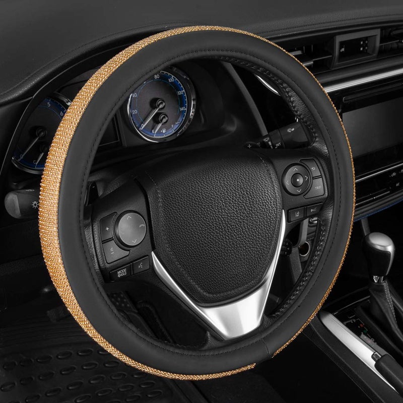 Carbella BDK Bling Bling Glitter Diamond Leather Steering Wheel Cover with 9 Rows Crystal Rhinestones, Universal Fit 14.5-15.5 Inch for Women/Girls (Bling Crystal Diamonds - Gold) - Image 3
